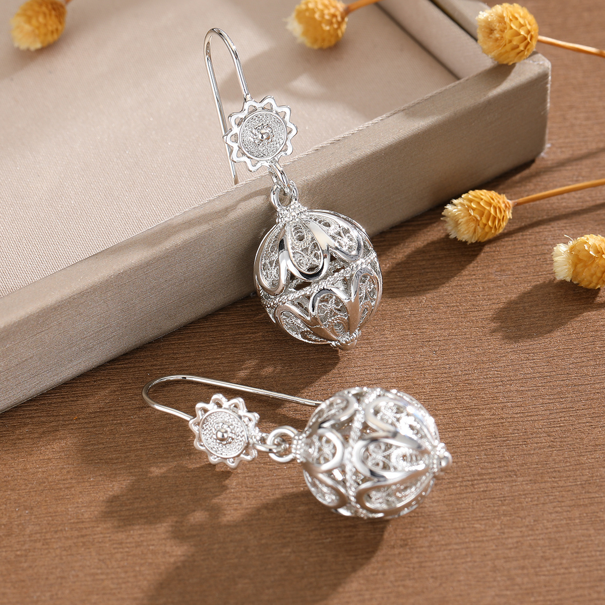 Women's Retro Hollow Filigree Spherical Pendant Earrings Gift